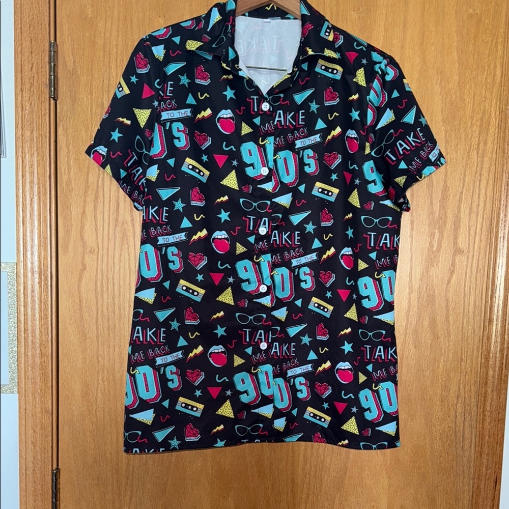 90s Graphic Collared Short Sleeve Shirt - Black with Teal & Pink Accents